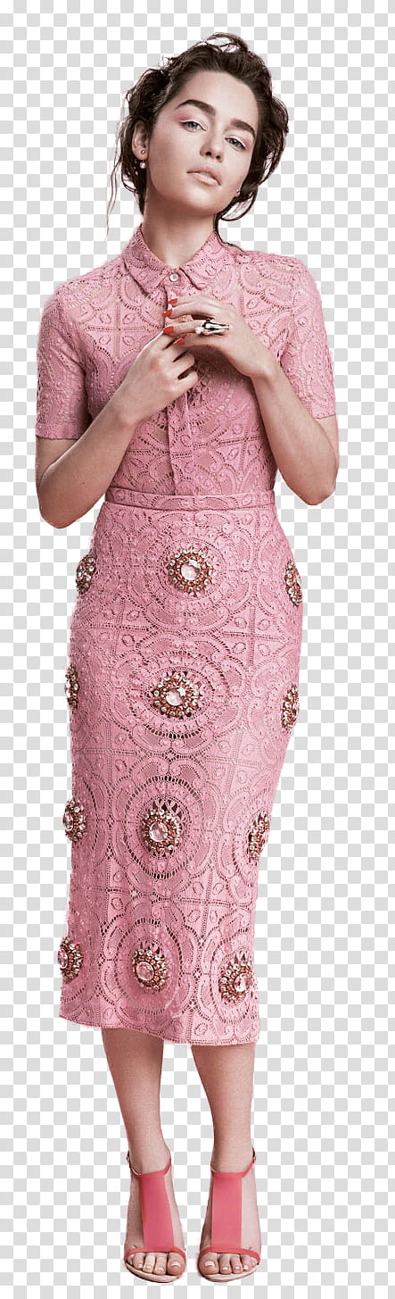 Emilia Clarke, woman in pink short-sleeved dress transparent background PNG clipart