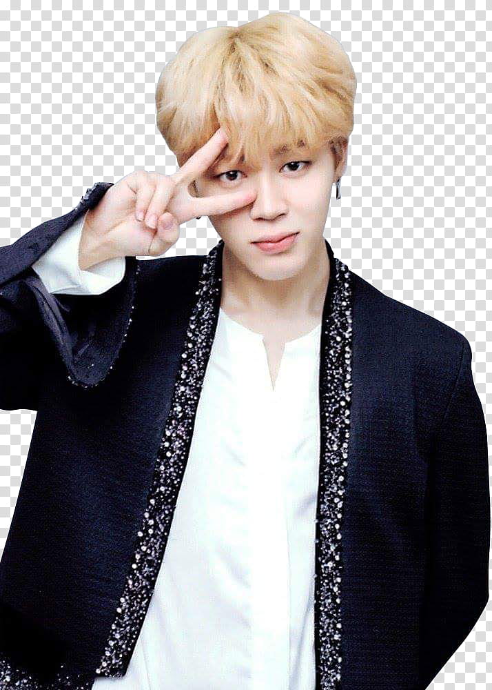 Jimin , man in black coat making peace hand sign transparent background PNG clipart