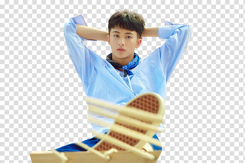 NCT DREAM WE YOUNG RENDER MARK, man sitting with two hands up transparent background PNG clipart