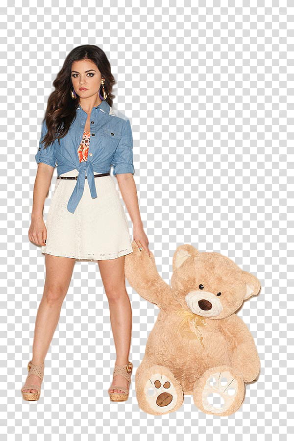 Ashley Benson, woman holding medium-size brown bear plush toy transparent background PNG clipart