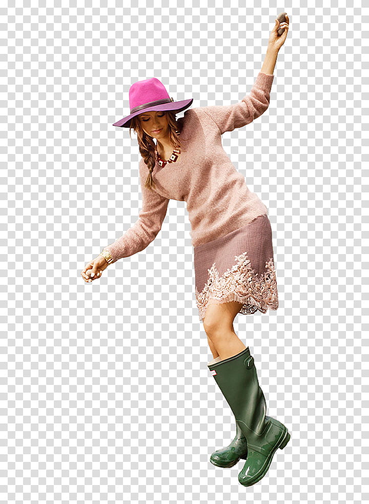 Nina Dobrev, woman wearing pink hat and green rain boots transparent background PNG clipart
