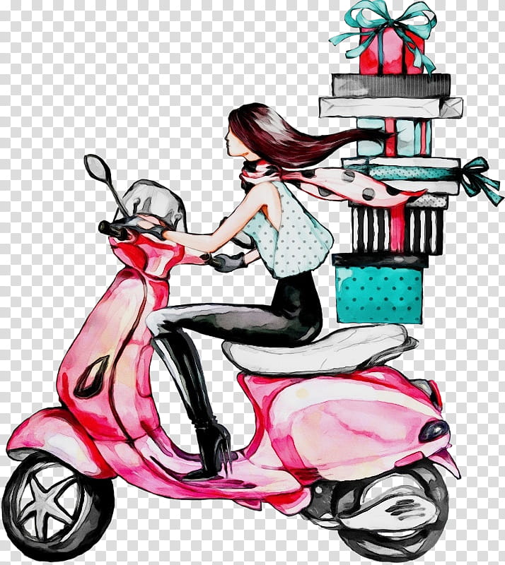 scooter vehicle vespa pink car, Watercolor, Paint, Wet Ink transparent background PNG clipart