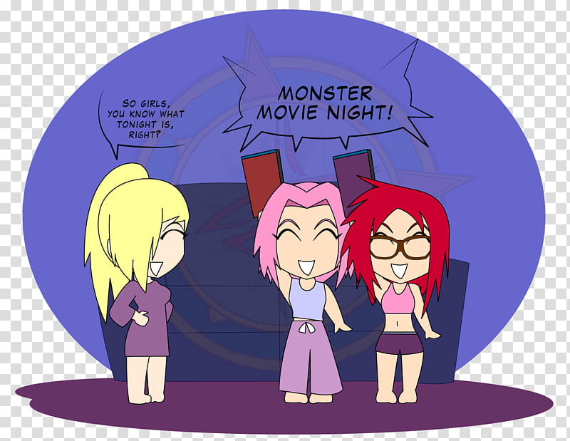 Monster Movie Night , three female cartoon character stickers transparent background PNG clipart