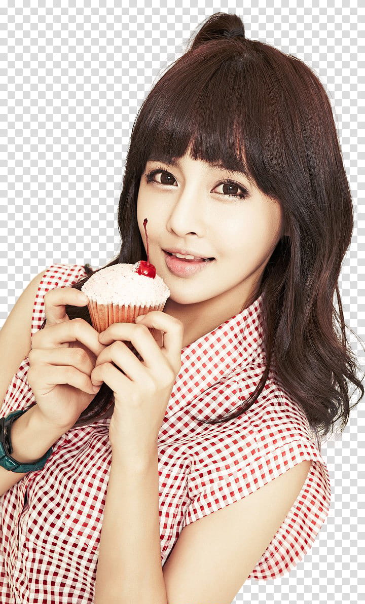 Boram T ara render, woman wearing red and white sleeveless top holding cupcake transparent background PNG clipart