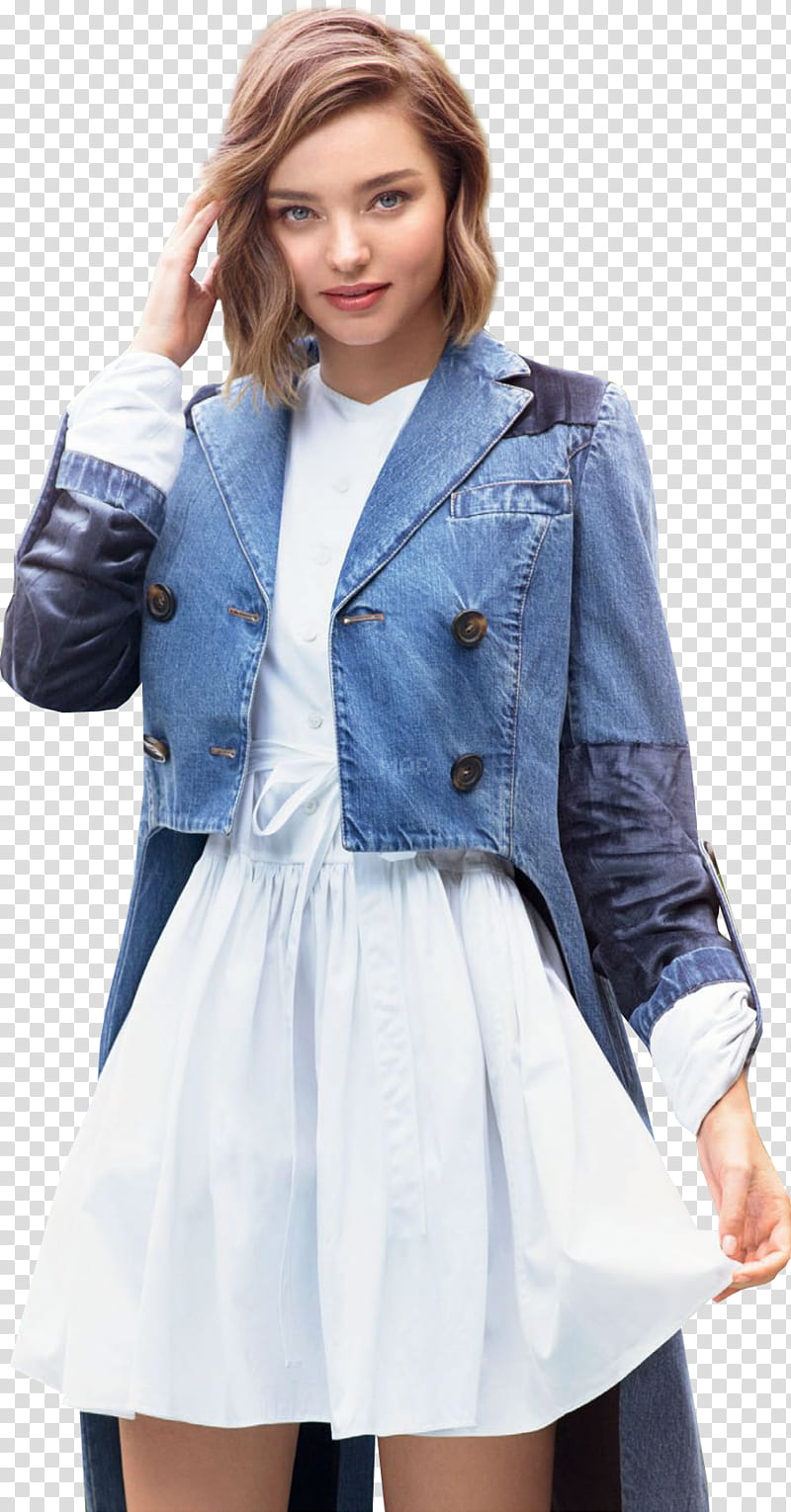 Miranda Kerr, woman in blue denim jacket and white dress transparent background PNG clipart
