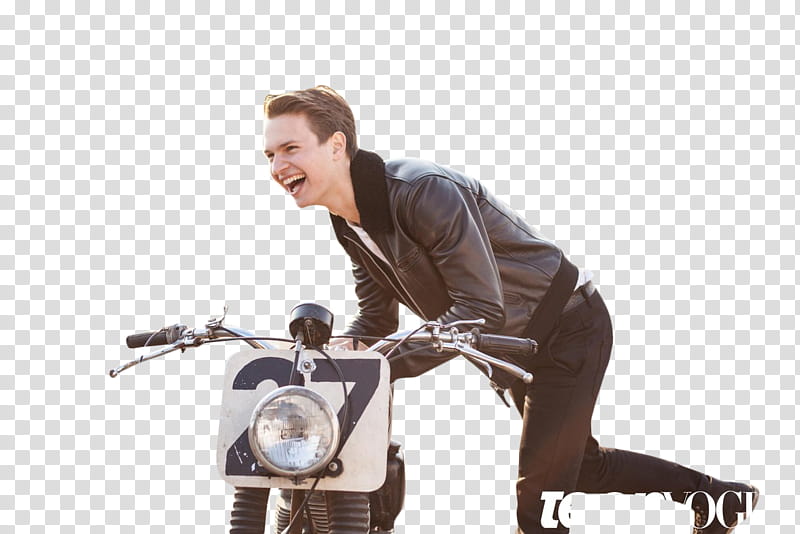 Ansel Elgort , man smiling while standing beside motocross dirt bike transparent background PNG clipart