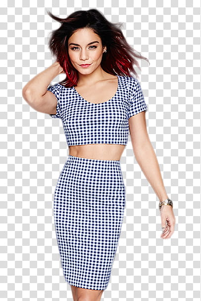Vanessa Hudgens, standing woman wearing white-and-blue checkered crop top with skirt transparent background PNG clipart