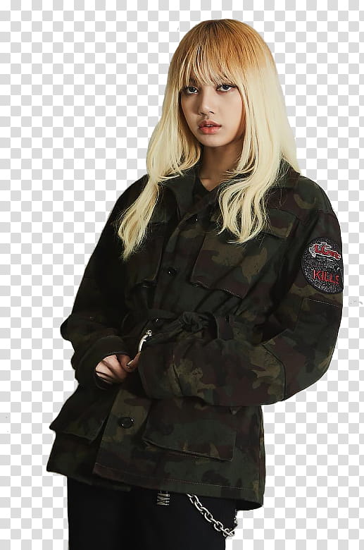 BLACKPINK Lisa nonagon, woman wearing black camouflage jacket transparent background PNG clipart