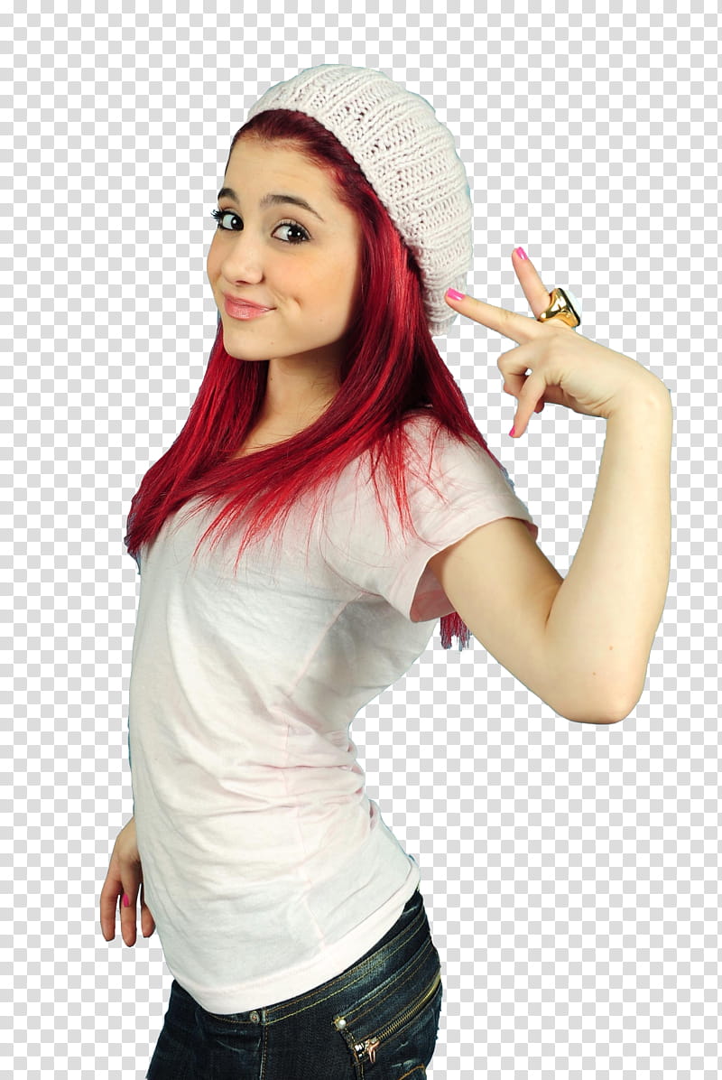 Ariana Grande, woman wearing white crew-neck t-shirt, white knit cap and blue denim bottoms outfit making peace hand sign transparent background PNG clipart