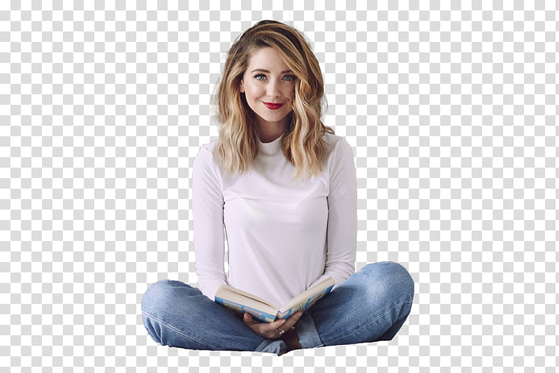 Zoe Sugg, woman reading book while squatting transparent background PNG clipart