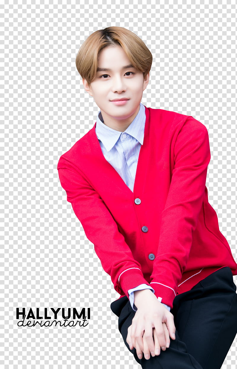 Jungwoo, man wearing red button-up jacket transparent background PNG clipart