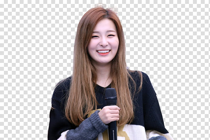Red Velvet Seulgi, smiling woman wearing black and beige long-sleeved shirt holding microphone transparent background PNG clipart