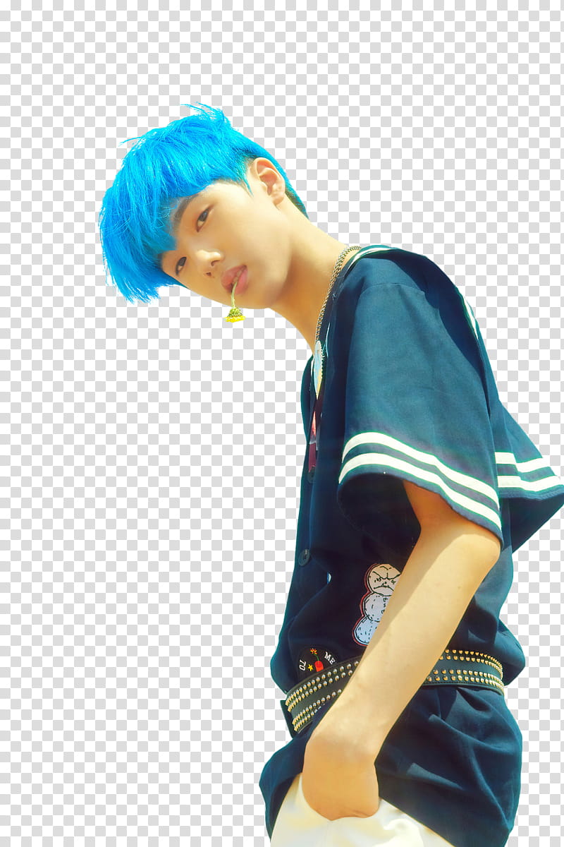 JISUNG NCT DREAM We Young, blue haired man with flower on mouth transparent background PNG clipart