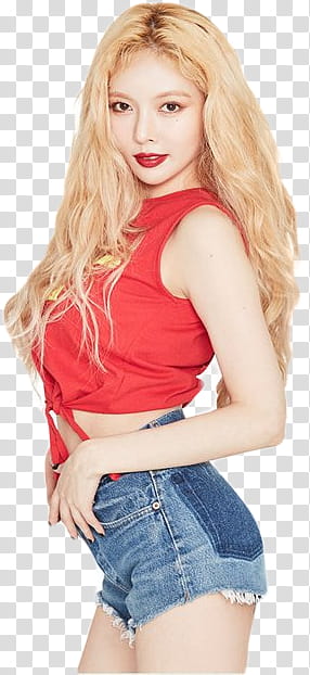 HyunA GRN, woman wearing red sleeveless crop top and blue denim short shorts transparent background PNG clipart