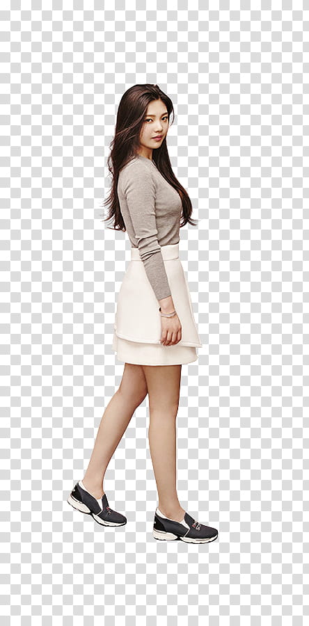 Red Velvet Black Martine Sitbon P PART, woman in gray long-sleeved shirt and white mini skirt standing transparent background PNG clipart