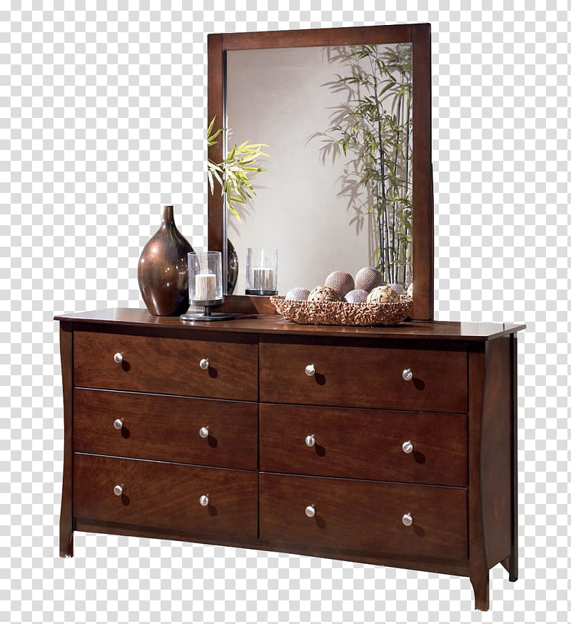 brown wooden -drawer lowboy dresser with mirror transparent background PNG clipart