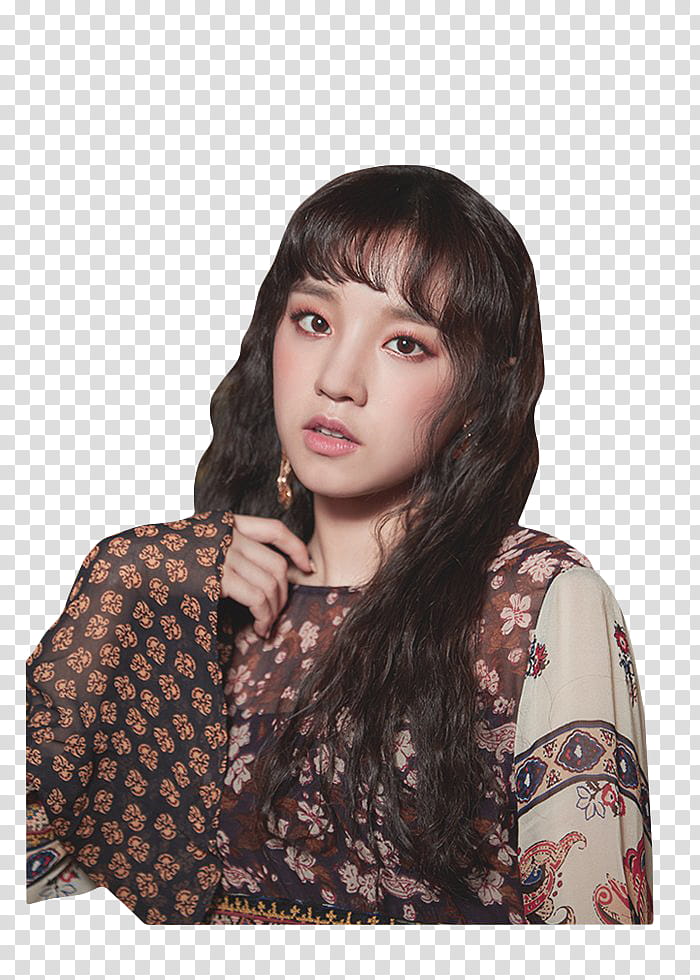 G IDLE HANN, woman wearing brown and white floral blouse touching neck with right hand transparent background PNG clipart