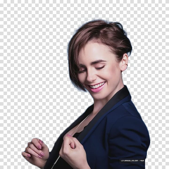Lily Collins , woman wearing blue blazer smiling transparent background PNG clipart