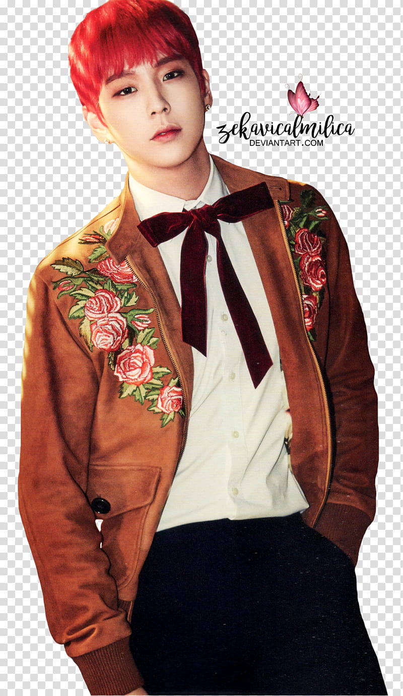 B A P Himchan Rose, standing man wearing brown and pink floral jacket transparent background PNG clipart