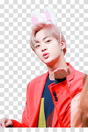 Jin 154 Boom Shakalaka s, man wearing rabbit headband doing flying kiss while standing transparent background PNG clipart thumbnail