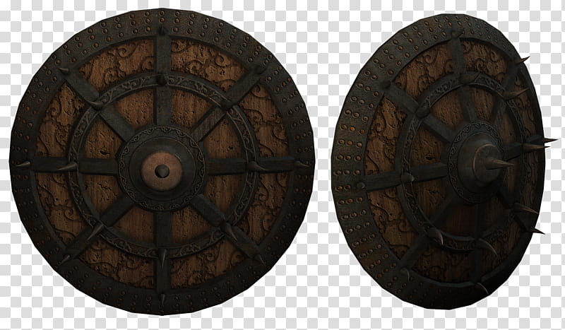 UNRESTRICTED Medieval Shields, two round brown wooden lids transparent background PNG clipart