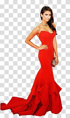 Nina Dobrev, woman wearing red strapless maxi dress transparent background PNG clipart
