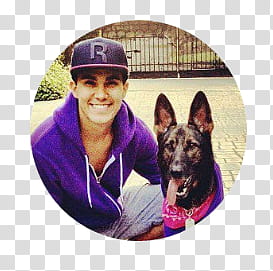 Carlos Pena, man in purple hoodie beside black dog transparent background PNG clipart