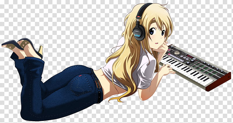 Mugi II, girl listening music in front of keyboard transparent background PNG clipart