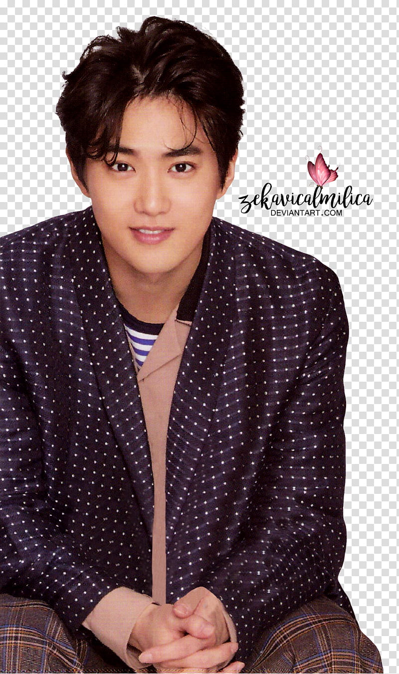 EXO Suho  Season Greetings, smiling man wearing black suit jacket while sitting transparent background PNG clipart