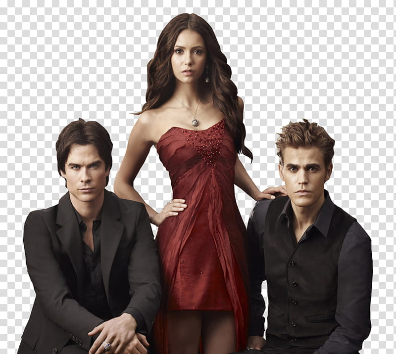 The Vampire Diaries, woman stands in middle of two men transparent background PNG clipart