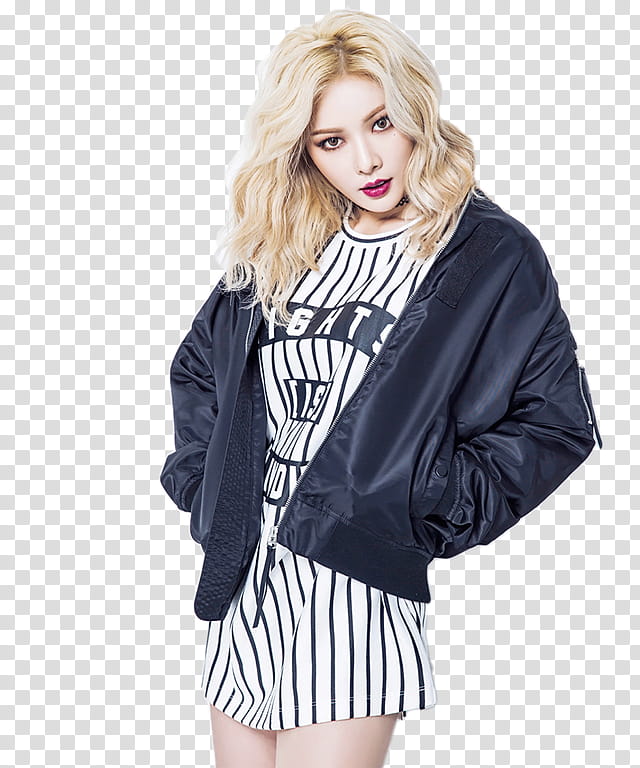 HYUNA, woman wearing black leather jacket with white and black stripe inner shirt transparent background PNG clipart