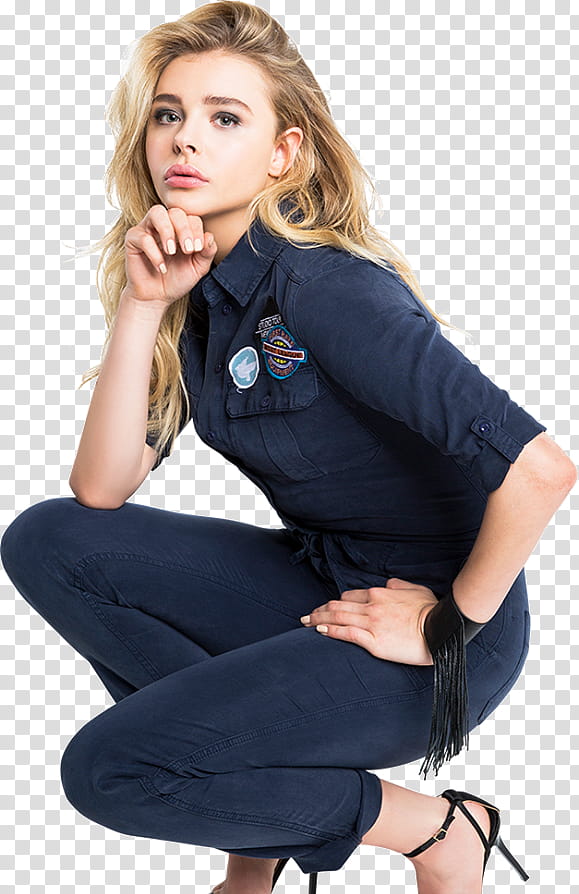 Chloe Moretz , woman in blue jumpsuit posing for transparent background PNG clipart