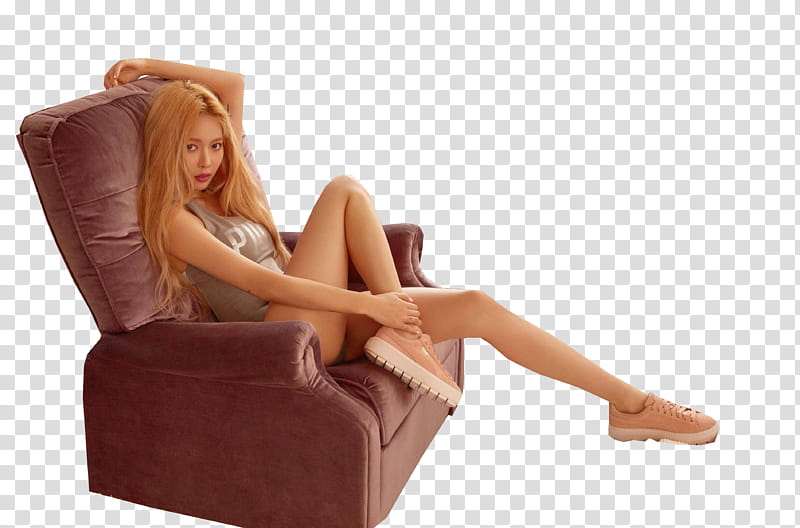 HYUNA , woman sitting on brown fabric sofa chair transparent background PNG clipart