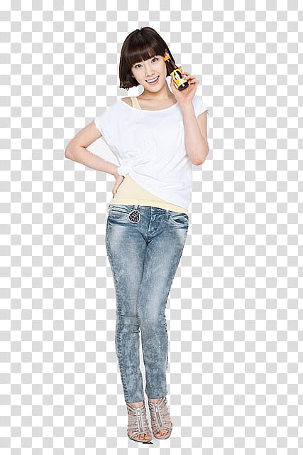 SNSD Girls Generation, girl wearing white cap-sleeved top and blue jeans transparent background PNG clipart