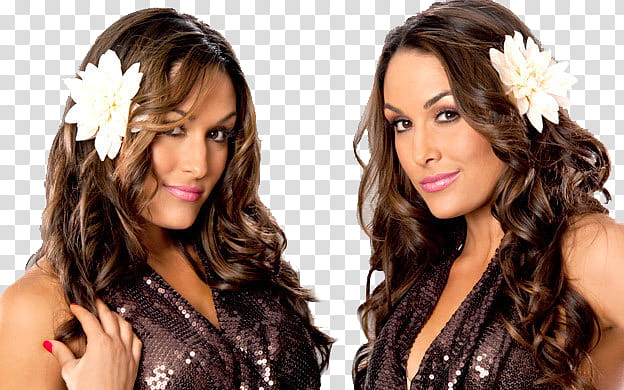 The Bella Twins  , two woman in brown sequined top with white flower on ears transparent background PNG clipart