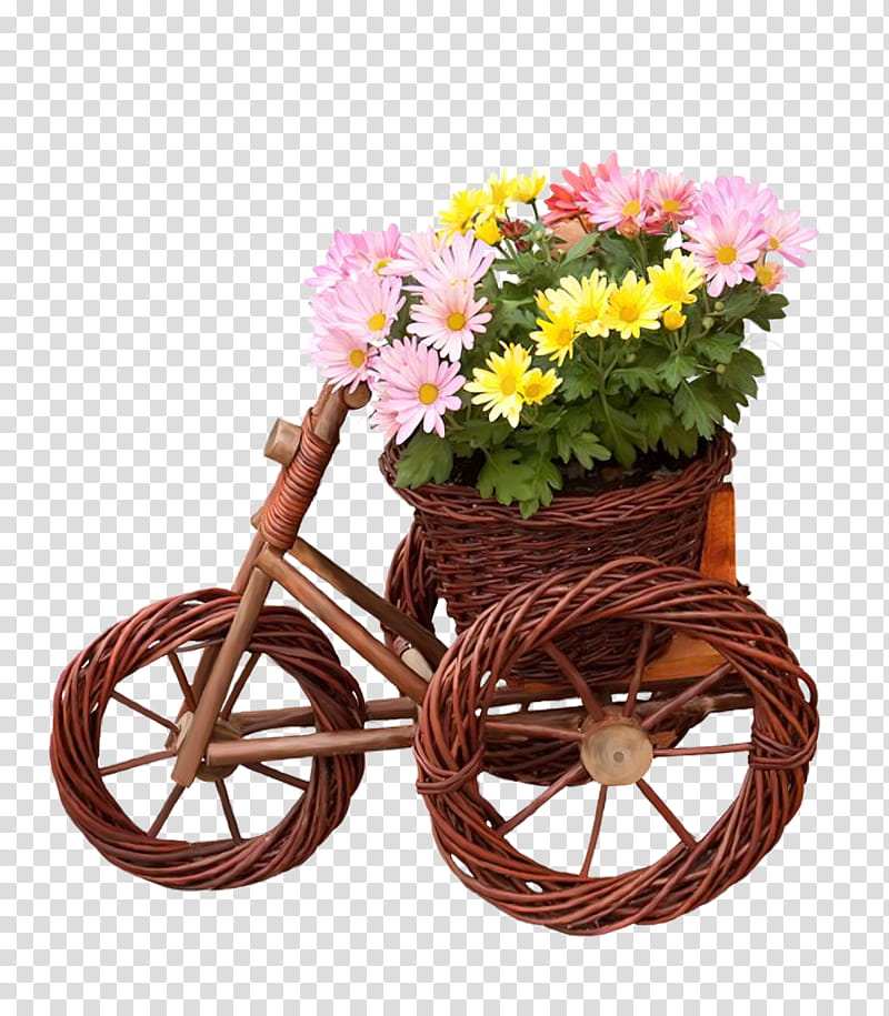 bicycle with flowers, brown wicker trike planter with flowers transparent background PNG clipart