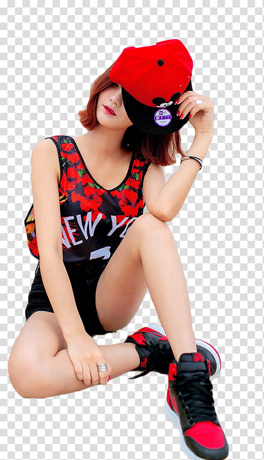 Ulzzang, woman wearing red and black tank top and black bottoms in white background transparent background PNG clipart