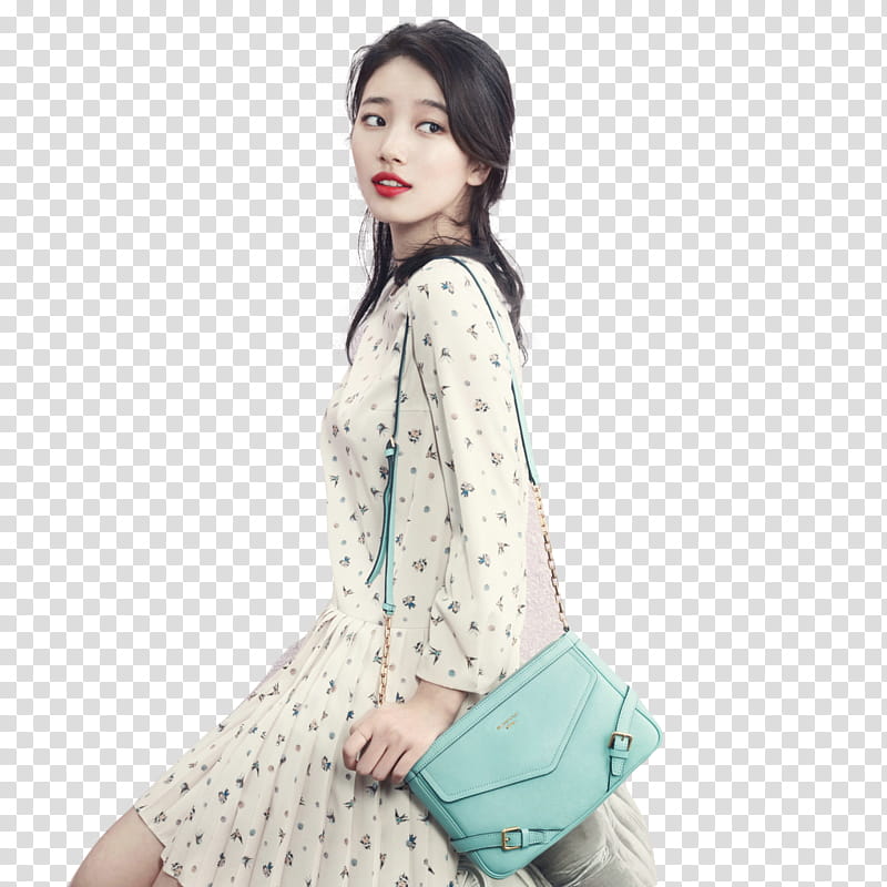 Suzy Miss A, woman wearing white long-sleeved dress carring green leather shoulder bag transparent background PNG clipart