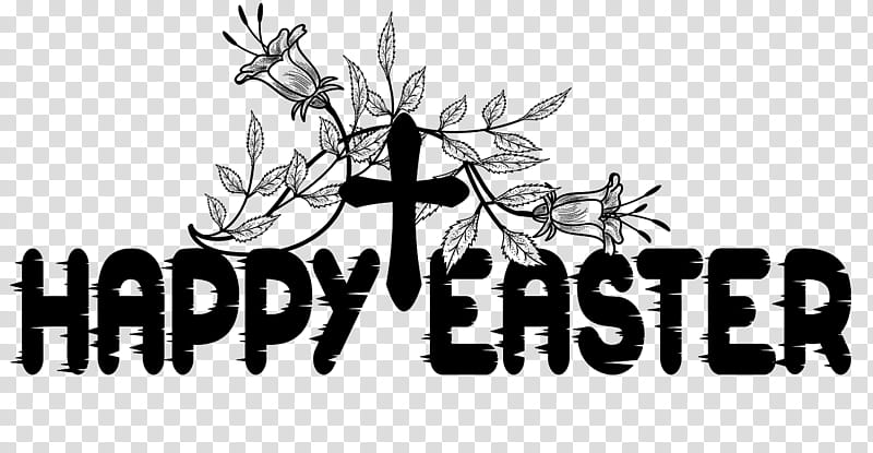 black cross and leaves background with Happy Easter text overlay transparent background PNG clipart