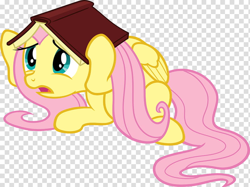 Frightened Fluttershy, yellow and pink My Little Pony character with opened book on it's head illustration transparent background PNG clipart