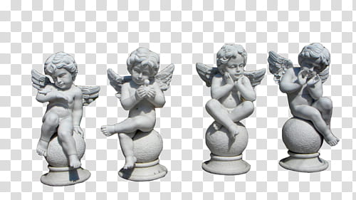 OO WATCHERS, four white angel figurines transparent background PNG clipart