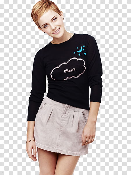 Emma Watson, Emma Watson wearing black crew-neck sweatshirt and grey skirt slightly leaning to her right transparent background PNG clipart