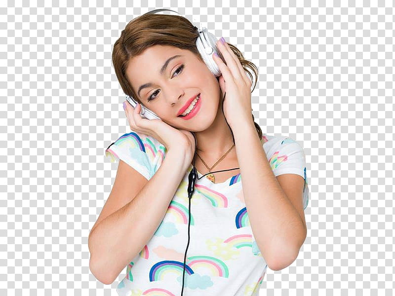 Violetta, smiling woman using headphones transparent background PNG clipart