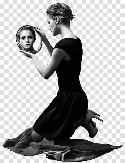 Emma Watson , Emma Watson kneeling while staring at mirror grayscale graphy transparent background PNG clipart
