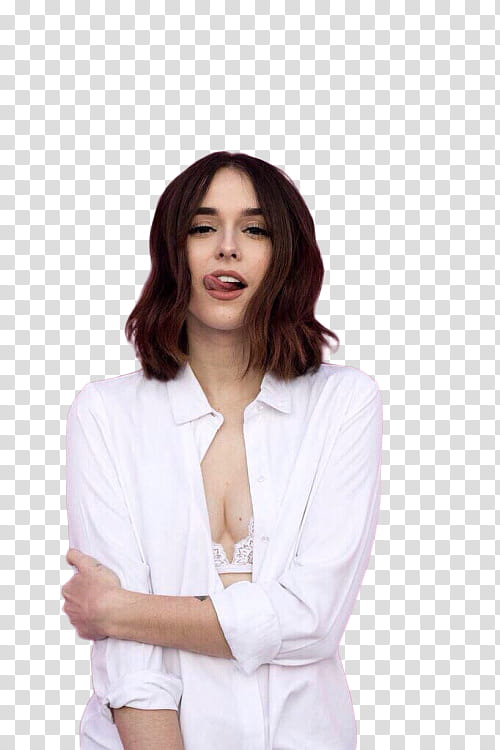 ACACIA BRINLEY, woman wearing white collared button-up long-sleeved shirt standing and showing tongue out transparent background PNG clipart