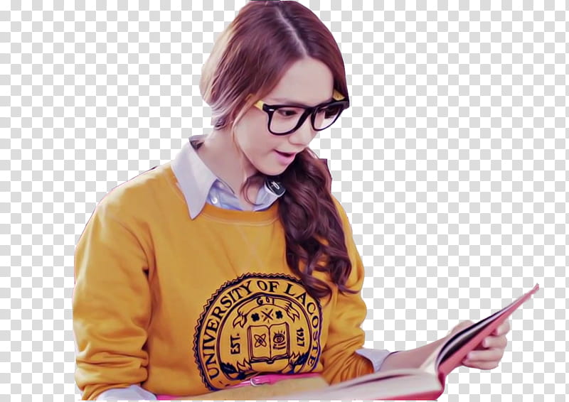 Render Yoona, woman in yellow sweater reading book transparent background PNG clipart