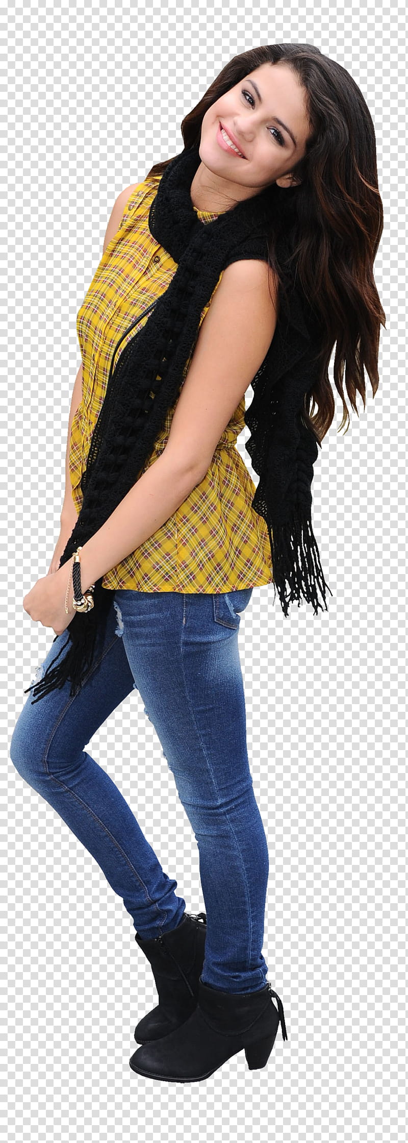 Selena Gomez, smiling Selena Gomez wearing yellow sleeveless top and blue denim bottoms transparent background PNG clipart