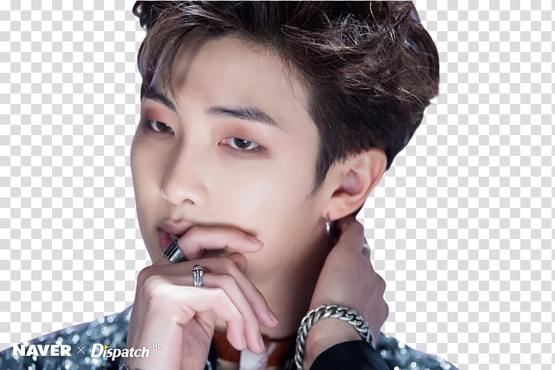Namjoon BTS, man holding his nape while covering his lips transparent background PNG clipart
