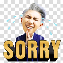 BTS Kakao Talk Emoticon Render p, white haired man with sorry text overlay transparent background PNG clipart