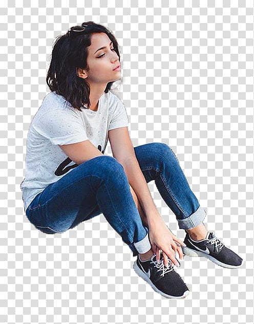EMILY RUDD, sitting woman wearing white shirt and blue denim jeans transparent background PNG clipart